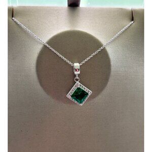 Sterling Silver Necklace With Green Square Gemstone Pendant & Clear Crystal Acce
